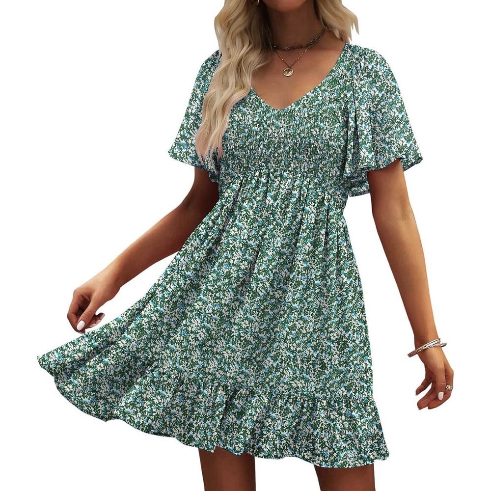Green Floral Smocked Mini Dress XL V‑Neck BOHO Summer cottagecore Fit & Flare